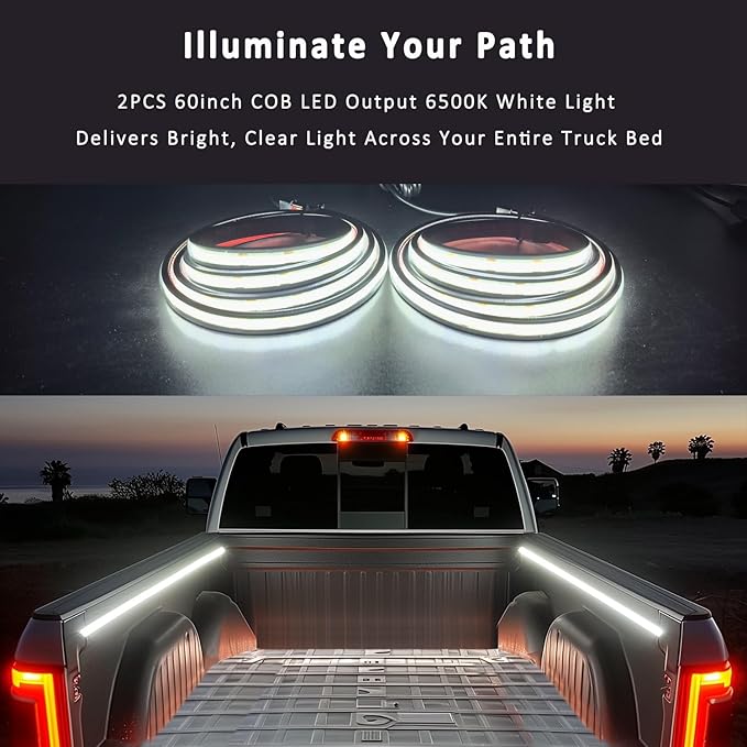 2Pcs 60Inch Truck Bed Lights, Waterproof 12V COB LED Lights Strip (6500K White Lighting) with Switch Blade Fuse Splitter, Cool Accessories for Pickup Truck Camper Van SUV RV Boat