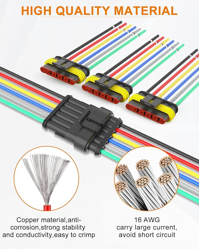NAOEVO 6 Pin Connector Waterproof，16 AWG 6 Wire Connectors, Automotive Electrical Connectors Male And Female Way With Heat Shrink Tubing For Car Truck Boat Wire Connection, 6 Kits