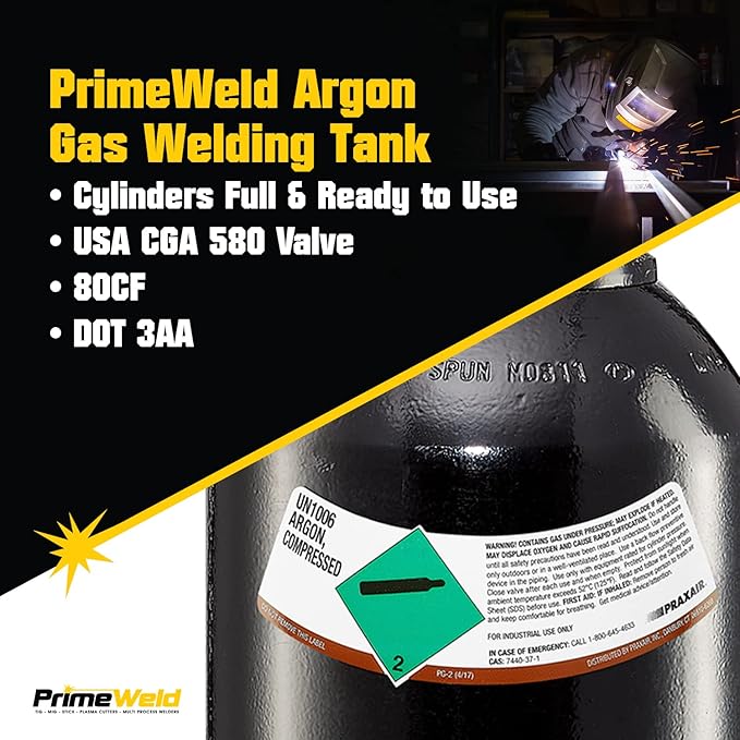 PrimeWeld 100% Argon Gas Welding Tank Full 80CF | DOT 3AA | USA CGA 580 Valve | Best Gas for TIG Welding Applications | Cylinders Full & Ready to Use