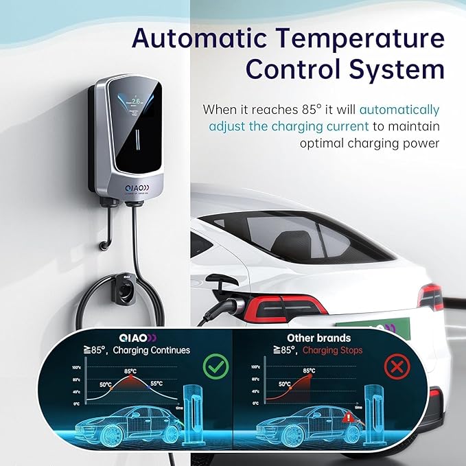 QIAO Level 2 EV Charger Hardwired, Home Charging Station UP to 48A, 240V with Smart APP & Scheduled Charging, J1772 Compatible for All EVs/PHEVs, 25ft Cable, 4.3in Display, IP65 Waterproof