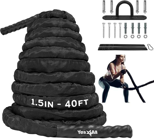 Yes4All Battle Ropes, Workout Rope with Cover, Steel Anchor & Strap Included, Heavy Ropes for Exercise Training - 1.5/2 Inch Diameter, 30, 40, 50 Ft Length
