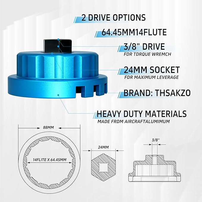 Heavy Duty Oil Filter Wrench 64mm 14 Flute/4 Slots Compatible with Toyota, Lexus, and Scion Vehicles Equipped with 2.5L to 5.7L engines Precision CNC Machined Aluminum Oil Filter Removal Tool