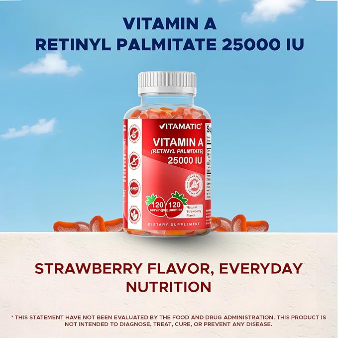 Vitamatic Sugar Free Vitamin A 25000 IU Gummies (Retinyl Palmitate) - Natural Strawberry Flavor - 120 Pectin Based Gummies (2 Bottles)