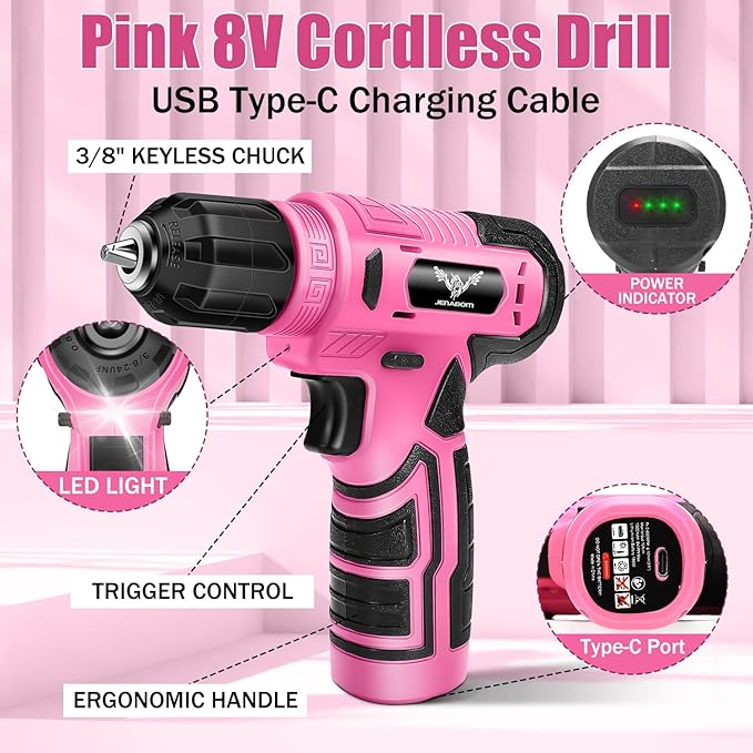 Tool Set：Pink Tool Kit with 8V Cordless Drill, Tool Box with Drill, Hand Drill Set for Men & Women, Home Tool Kits for House Repair, Handyman, DIY 127 Piece