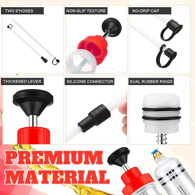 Lothee 2 Pack 500cc Automotive Fluid Extractor Pump Oil Extractor Hand Syringe Pump with Hose Manual Suction Vacuum Fuel Car Transfer for Power Steering, Hydraulic Fluid(Red)