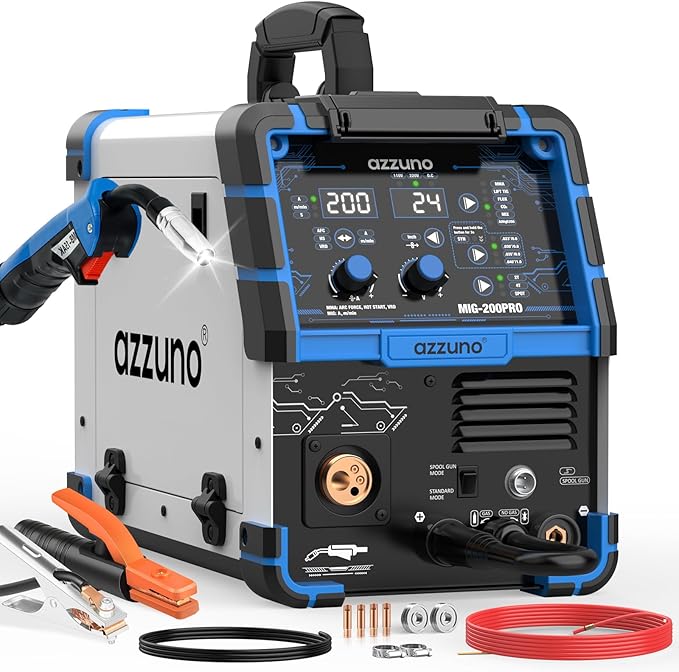 AZZUNO 200A MIG Welder Machine 110V/220V, 8 in 1 Welding Machine Aluminum MIG/Spool Gun Compatible/Gas MIG/MAG/Flux Core MIG/Spot MIG/Lift TIG/Stick Welding, Multiprocess Welder