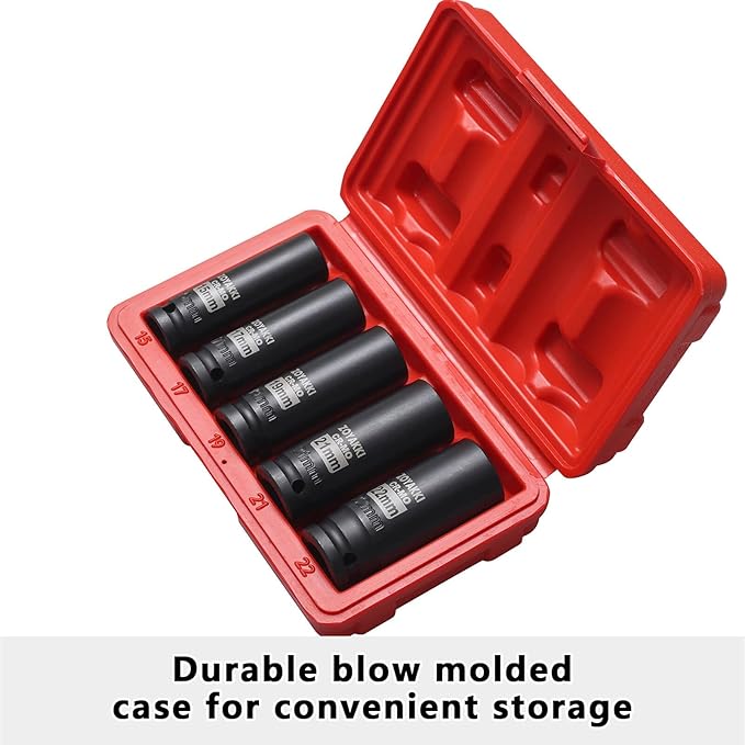 1/2" Drive Deep 6-Point Impact Socket Set, 5-Piece Standard Metric Spindle Axle Nut Impact Socket Set, Cr-Mo,6 Point (15-17-19-21-22mm) Size,Wheel Lug Nuts Socket