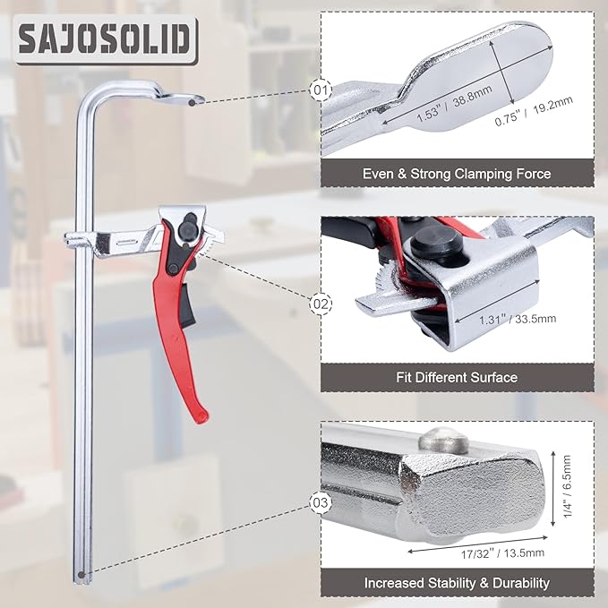 6 Packs Clamps Set, Throat Depth 2-3/8 Inch Heavy Duty Forged Steel Ratcheting Table Clamp, Strong Hand Tools with Max 330 Lbs Load Limit for Grinding, Milling, Precision Cutting