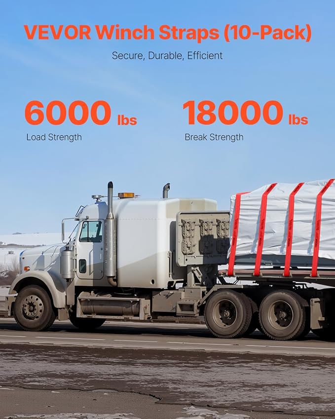 VEVOR Truck Straps, 4" x30' Heavy Duty Tie Down w/Flat Hooks 18,000lbs Break Strength, WLL# 6000lbs, Cargo Straps tie Down for Flatbeds, Trucks, Trailers, Farms, Rescues, Tree Saver, Red(10 Pack)