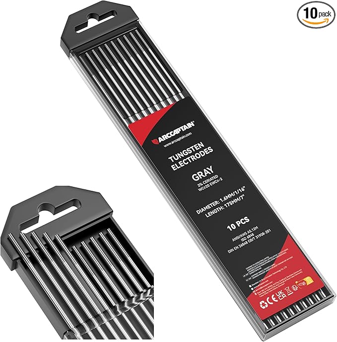 ARCCAPTAIN TIG Welding Tungsten Electrode 10-Pack 1/16"x 7"(Grey - 2% Ceriated, WC20/EWCe-2)