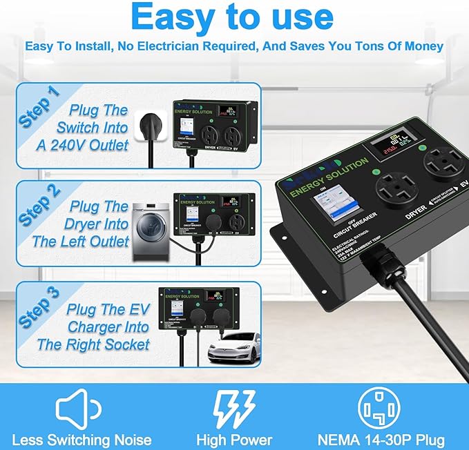 Smart EV Charging Integration: Sekelo Automatic Power Switch for Dryer & EV, NEMA 14-30, 240V, 24A 5.76kW Max Power Splitter, Fast Charging, Real-time Display