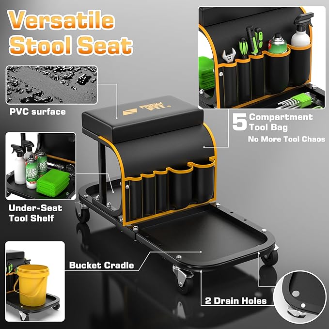 Rolling Shop Stool Chair with Wheels, Mechanic Garage Stool on Wheels, Auto Car Detailing Stools Seat with Tool Tray Storage for Garage Work, Workshop, Home, Garden, DIY, 300 LBS Capacity, Yellow