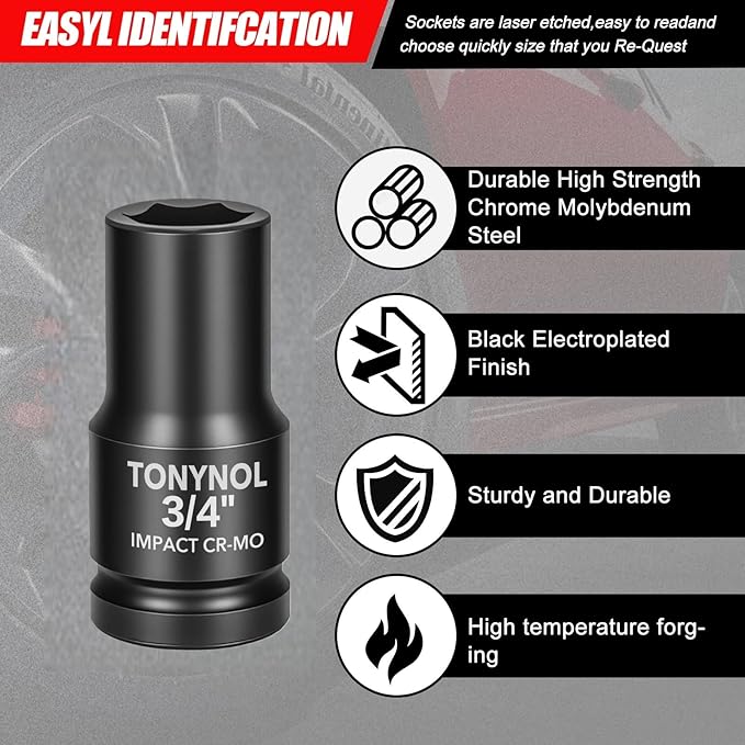 3/4" Inch Drive Deep Impact Socket,6-Point,SAE Size 3/4",80mmL,CR-MO,Heavy-Duty Automotive & Industrial Repair