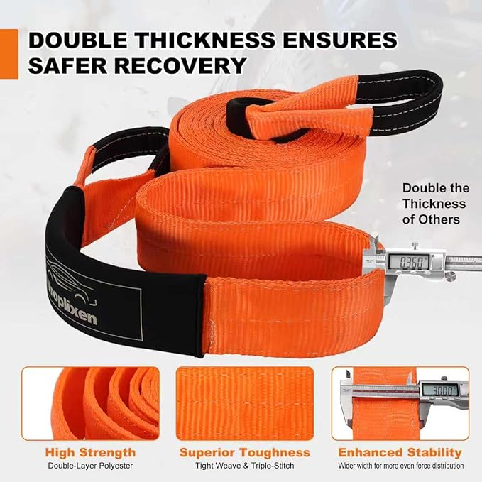 Double-Layer Heavy Duty Tow Strap with Hooks (3" x 30'), 66,000 lbs Breaking Strength - Includes 2 x 3/4" D-Rings, Off-Road Recovery Kit for Truck/SUV/ATV/RV