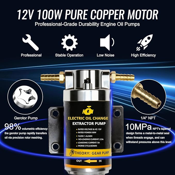 MILADO 12V 100W Oil Change Extractor Pump, Electric Engine Oil Pump, Portable Fluid Transfer Pump for Engine/Transmission/Gear Oil, Suitable for Boat, Car, Truck, Motorcycle, Lawnmower