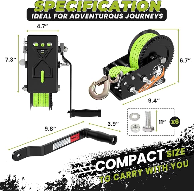 2500LB Boat Trailer Winch, Heavy Duty Boat Winches for Trailers with 23FT Green Strap, 2 Speed Ratchet 4:1/8:1 Gear, Manual Trailer Winch for Towing Boats, Trucks, Jet Skis, RVs, and ATVs