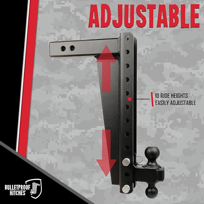 BulletProof Hitches - 2.5" Adjustable Heavy Duty Trailer Hitch (22,000 lb. Rating) - 18" Drop/Rise Trailer Hitch with 2" & 2-5/16" Dual Ball - Powder Coat, Solid Steel, Corrosion-Resistant