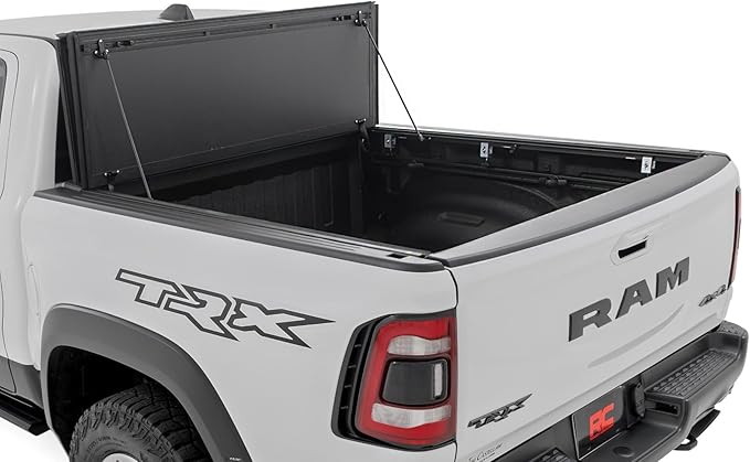 Rough Country Hard Tri-Fold Flip Up Truck Bed Tonneau Cover for Dodge Ram 1500 (2019-2025) TRX (2021-2025) - Flush Aluminum Bed Cover, Fits 5'7" (66.7") Bed