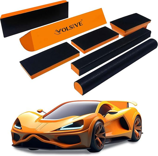 VOLSIVE 7pcs Hand Sanding Block Set, Rectangle Handheld Sanding Pad, Hook and Loop Interchangeable Assorted Shapes, for Sanding or Polishing in Auto Body and Paint Shops - Orange