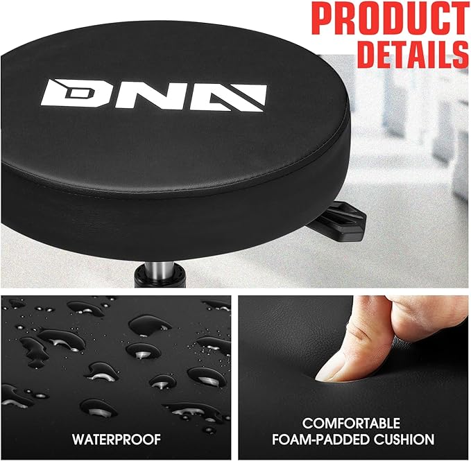 DNA Motoring Rolling Shop Stool, Adjustable Height Padded Rolling Seat, Pneumatic Roller Mechanic Stool for Garages, 300lbs Capacity, TOOLS-00635-BK-RD