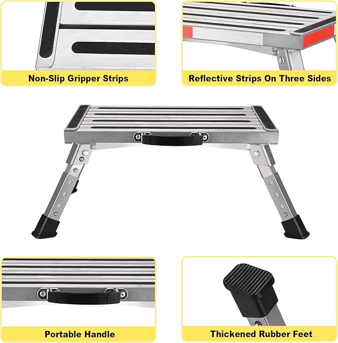 Safety RV Steps, Yagud Height Adjustable Folding Platform Step with 17" X 12" Anti-Slip Surface, Rubber Feet, Handle, Reflective Strips, and T Level, Aluminum RV Step Stool Supports Up to 1000lbs