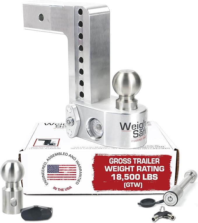 Weigh Safe Adjustable Trailer Hitch Ball Mount - 8" Drop Hitch for 2.5" Receiver w/ 2 pc Keyed Alike Lock Set, Premium Aluminum Trailer Tow Hitch w/ Built in Weight Scale for Anti Sway, 18,500 lbs GTW