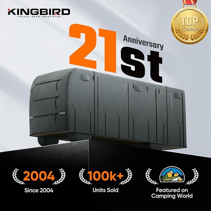 KING BIRD RV Cover, Heavy Duty 5-Layer Snow Protection, Fits 30-33ft Class A Motorhome, with Adhesive Repair Patches,Windproof Straps&Tire Covers
