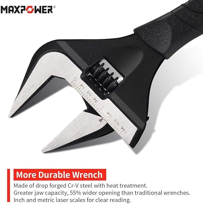 MAXPOWER Stubby Adjustable Wrench Deep Jaw Wide Opening, 6-Inch and 10-Inch Plumbing Wrench Set with Kitbag