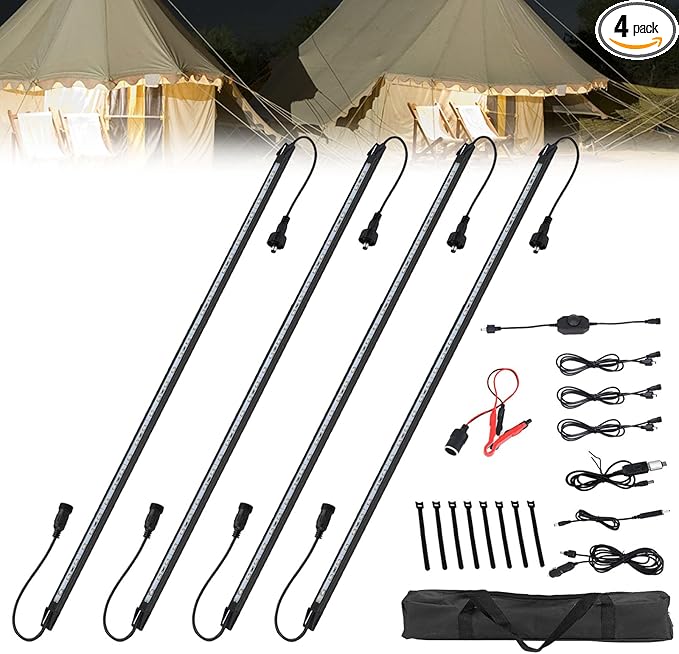 12V LED Interior Light Bar Kit Dimmable IP67 Waterproof Camping String Lights, Aluminum Magnetic Mount Exterior Lights,Portable Lighting for RV, Camping Tent Car Trailer Boat (4 Pack)