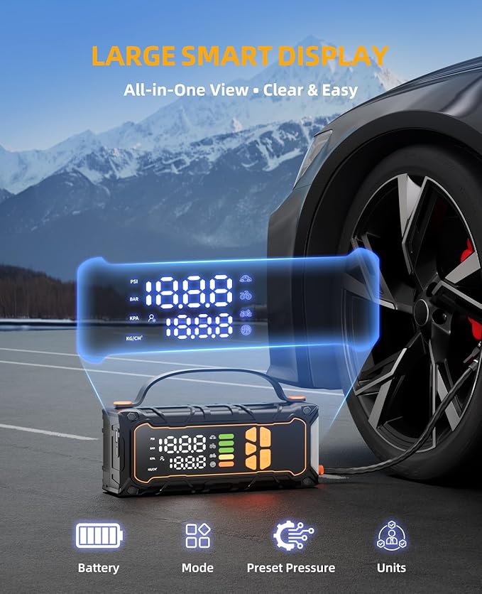 Battery Jumper Starter Portable, Jump Starter with Air Compressor-4000A 12V (7.0L Gas/ 6.0L Diesel) with 160PSI Tire Inflator, 10000mAh Jump Box Car Battery Jump Starter, Jumper Cables, LED Light