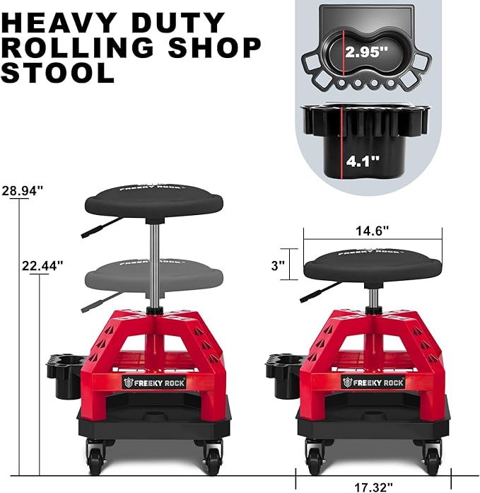 Rolling Shop Stool with Wheels, Heavy Duty Garage Work Mechanic Stool, Adjustable Height 22.44"-28.94", 360°Swivel Rolling Chair with Tool Tray Storage, 330 LBS Capacity, Red