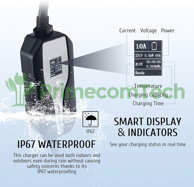 PRIMECOMTECH Level 2 Electric Vehicle (EV) Charger Amperage Adjustable (10Amp - 16Amp - 20Amp - 24Amp - 32Amp) 30Ft Cable EVSE Plug-in Hybrid (40 FT, L14-30P)