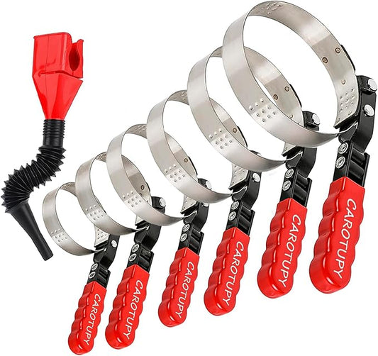 7pcs Oil Filter Wrench Set with Small Oil Funnel for Oil Change, Adjustable Oil Filter Removal Tool 2-1/16"-5-1/4"