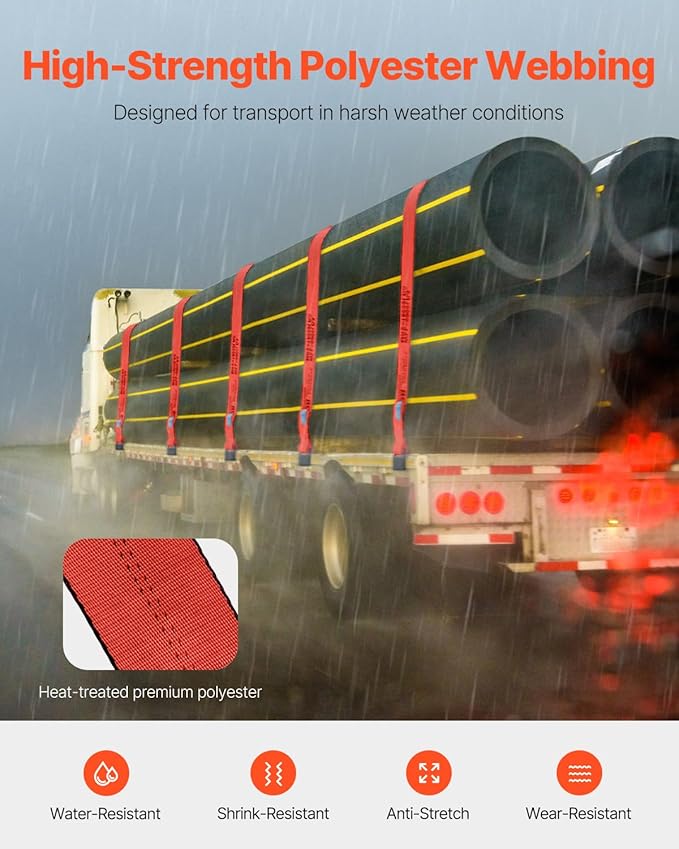 VEVOR Truck Straps, 4" x30' Heavy Duty Tie Down w/Flat Hooks 18,000lbs Break Strength, WLL# 6000lbs, Cargo Straps tie Down for Flatbeds, Trucks, Trailers, Farms, Rescues, Tree Saver, Red(10 Pack)