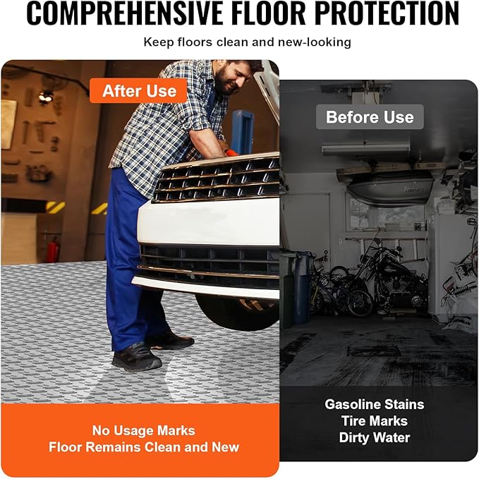 VEVOR Garage Tiles Interlocking, 12 x 12 x 0.53 inch 50 Pack Garage Floor Covering Tiles, Non-Slip Double-Sided Texture Garage Flooring Tiles, for Garages, Basements, Repair Shops, Silver