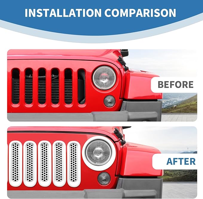 for Jeep JK Front Grille Inserts & Headlight Cover Trim Ring for Jeep Wrangler JK JKU 2007-2017 White Exterior Accessories 9pcs