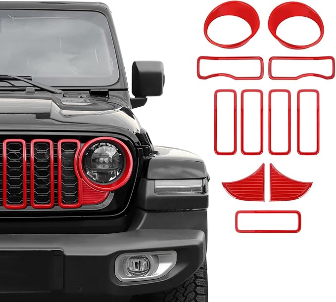 Front Grille Grill Insert+Headlight Turn Light Cover Trim Compatible with 2024-2025+ Jeep Wrangler JL JLU & Gladiator JT Exterior Accessories,Not Fit for JL Sport & Sports (Red)