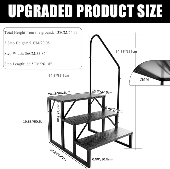 RV Steps with Handrail, 3 Step RV Stairs 660 lbs Load Capacity, Step Ladder with Anti-Slip Panel, Mobile Home Stairs for Travel Trailers