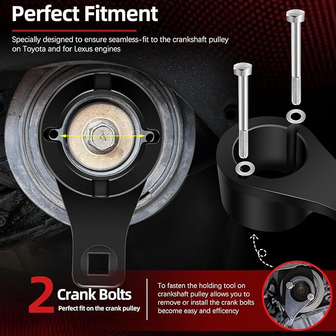 Sunluway for Toyota/Lexus Crankshaft Damper Pulley Holding Holder Tool fits 3.0L 3.3L V6, 4.0L 4.3L 4.7L V8 Engine Crank Pulley Tool Harmonic Damper Tool with 2PCS Crank Bolts