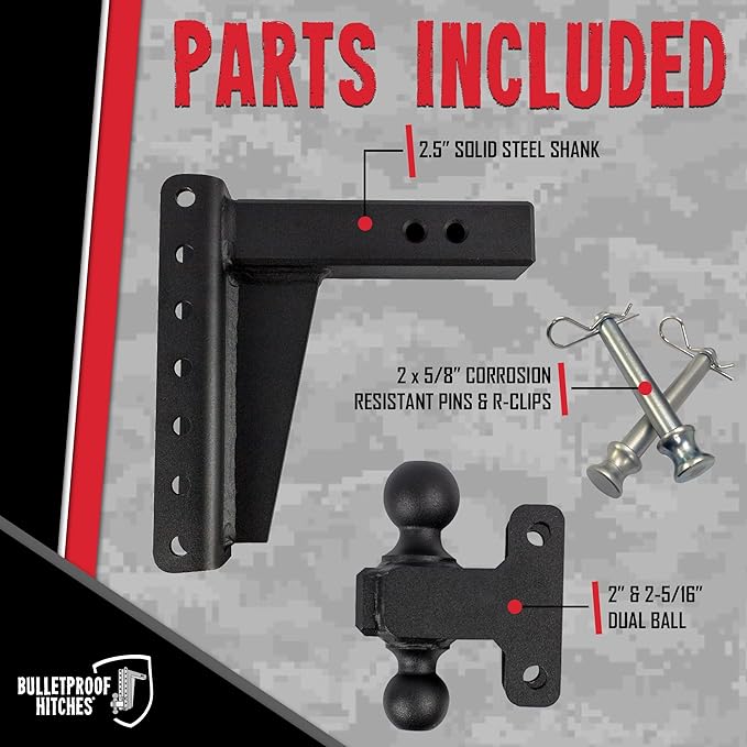 BulletProof Hitches - 2.5" Adjustable Heavy Duty Trailer Hitch (22,000 lb. Rating) - 8" Drop/Rise Trailer Hitch with 2" & 2-5/16" Dual Ball - Powder Coat, Solid Steel, Corrosion-Resistant