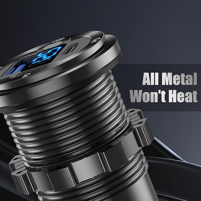 12V USB Car Socket Round USB C 12V Outlet, 3-Port Marine Fast Charger Waterproof Cigarette Outlet Replacement Aluminum with Switch & Voltmeter, Suitable for Boat Golf Cart RV Motorcycle Truck