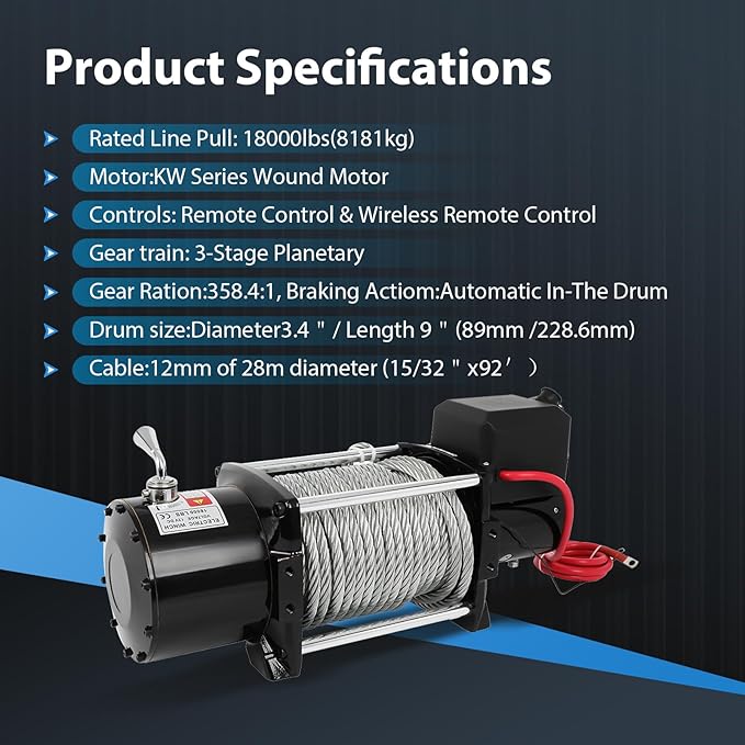 18000LBS Electric Winch, 18000lbs 12V Winch Steel Cable Winch, 18000LBS Winch ATV UTV Truck Winch, with Wireless and Hand Remote Controller, Control Box Assembly,4 Way Roller Fairlead,Hook