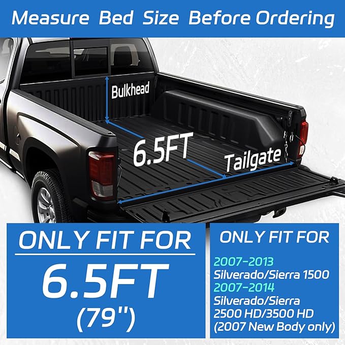 PZ Soft Roll Up Truck Bed Tonneau Cover Compatible with 2007-2013 Chevy Silverado GMC Sierra 1500 07-14 2500HD 3500HD 6.5 ft Bed Fleetside Vinyl (excl '07 Classic)