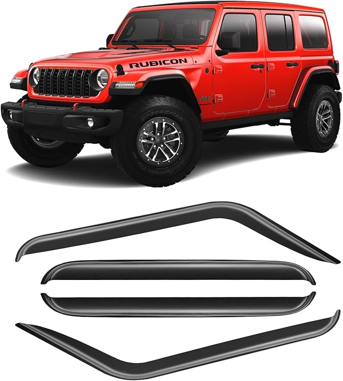 Window Rain Guards for 2018-2025 Jeep Wrangler JL/ 2020-2025 Jeep Gladiator, Window Visor Guard Vent Wind Shade Deflector Rain Shield Protector Sun Visor Durable, Tape-on/Outside-Mount, 4 Pieces