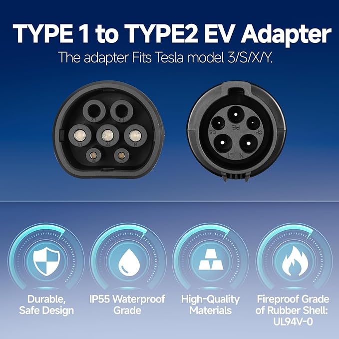 EV Charger Connector Type 1 to Type 2 Adapter Fit for Tesla Model Y, 3, S, X, Compatible with Electric Vehicle Charging Adapter SAE j1772 to IEC62196