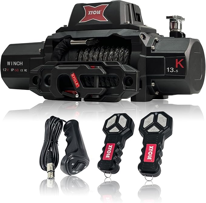 XYCLE13500lbs12V Electric Winch IP68waterproofOff-Road Vehicle Rescue winchs with2wireless Remote Controls and Synthetic Rope Suitable for Towing SUVs,Loggers,Trucks,Trailers,Jeeps,4WD (Dark-Gray)