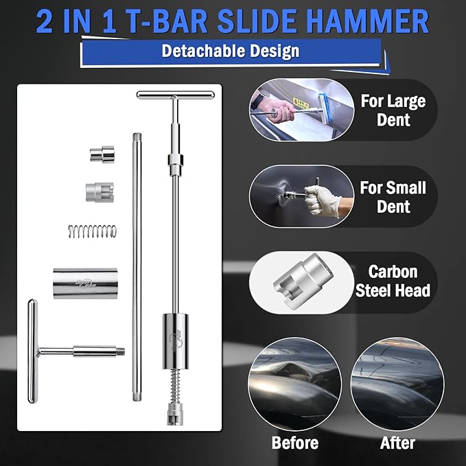 Super PDR Car Dent Puller Kit, Dent Remover Tool with High Adhesive Puller Tabs & Glue Sticks, 2-in-1 Slide Hammer T-bar, Dent Reflector Board, Paintless Dent Removal PDR Tools for Dent Repair
