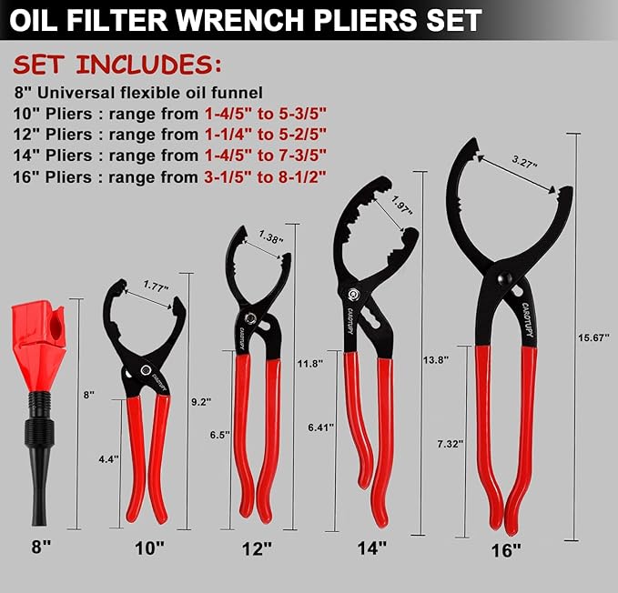 5Pcs Adjustable Oil Filter Pliers Set, Universal Oil Filter Removal Tool with Small Oil Funnel, 10" & 12" & 14" & 16" Oil Fliter Wrench From 1-1/4" to 8-1/2"