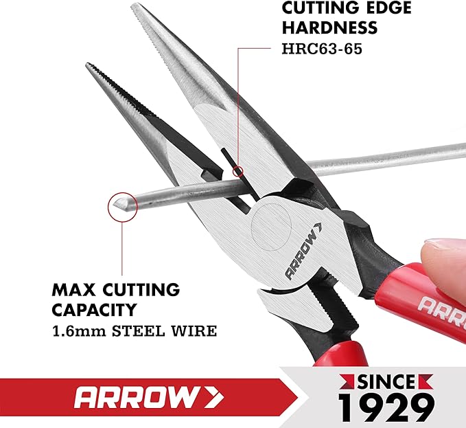 ARROW 8" High Leverage Needle Nose Pliers with Side Cutters, Long Nose Pliers for Gripping, Wire Bending, Cutting