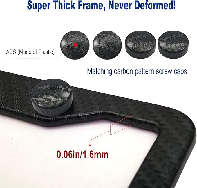 BGGTMO Carbon Fiber License Plate Frames- 2 Pack Black Aluminum Printed Carbon Patterns Car Tag Cover for Front & Rear, 4 Hole Heavy Duty Universal Holder Mount Screws with Caps